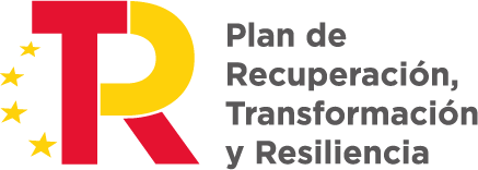 Logotipo del "Plan de Recuperación, Transformación y Resiliencia" en colores rojo y amarillo, que representa iniciativas gubernamentales para la recuperación económica y social.